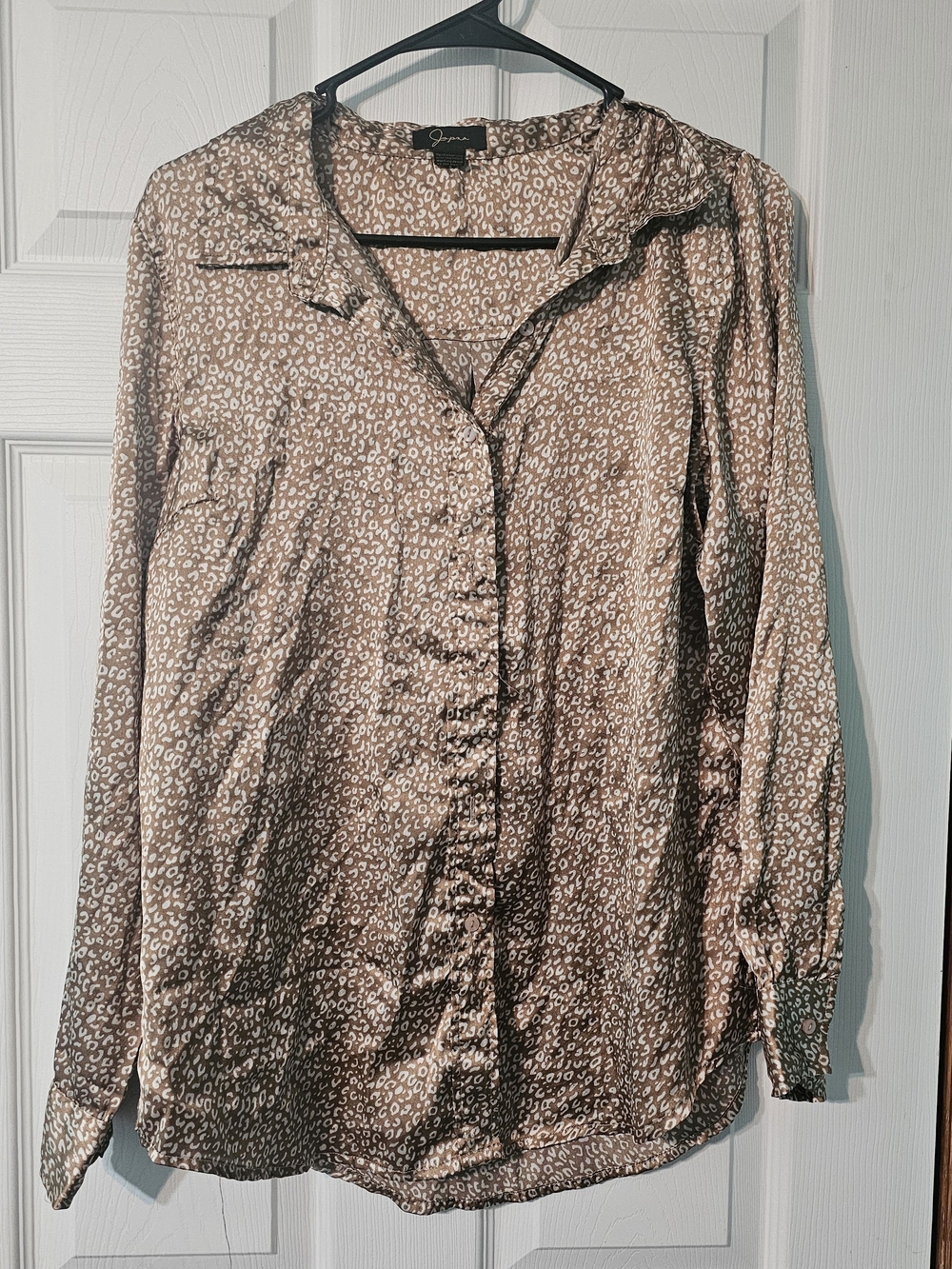 Japna Tan and White Leopard-Print Satin Button Blouse
